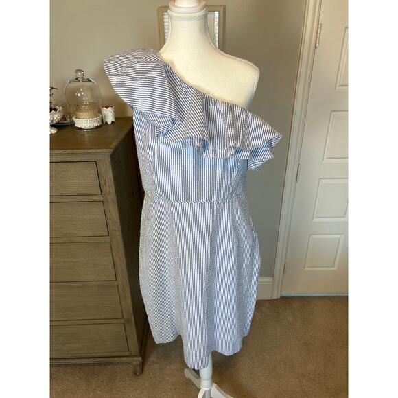 J. Crew | (NWT) 100% Cotton Pinstriped One Shoulder Classic Sheath Dress | 12 - Picture 4 of 15